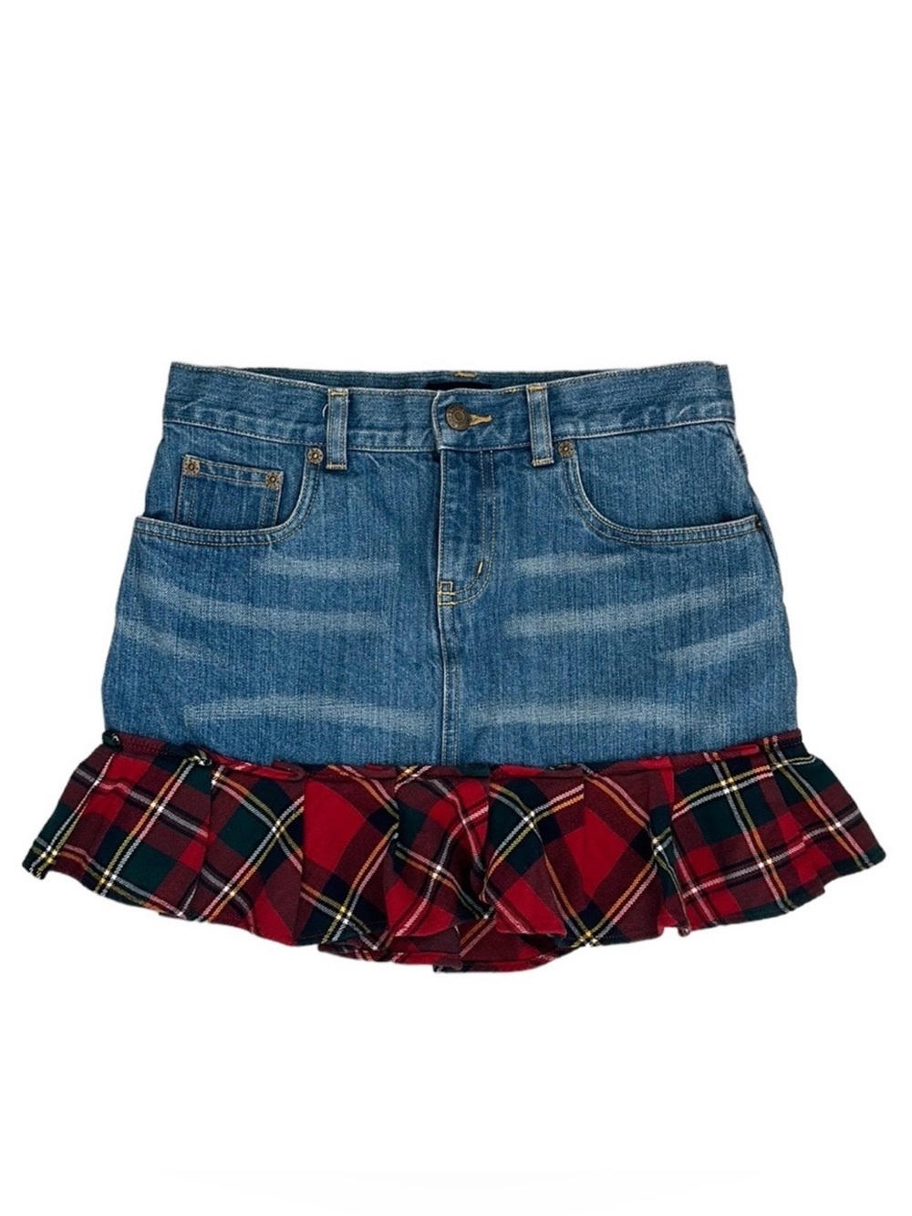 Ralph Lauren Plaid Ruffle Hem Denim Mini Skirt Girls Size 16